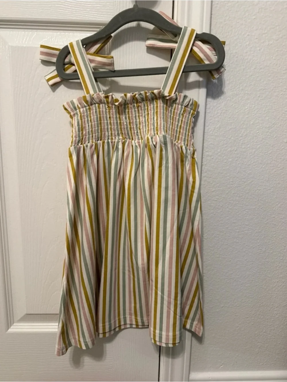 Girls Striped Bow-Shoulder Casual Sundress in Pink, Green & White